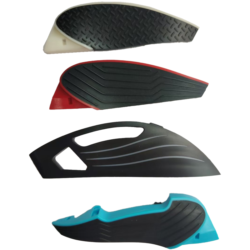 Two-shot molding utilizes a rotating mold to continuously inject two materials in one automated cycle. Bonding the two materials together to form an integrated part eliminates the need for assembly and enables multi-color designs for handles, seals, etc.